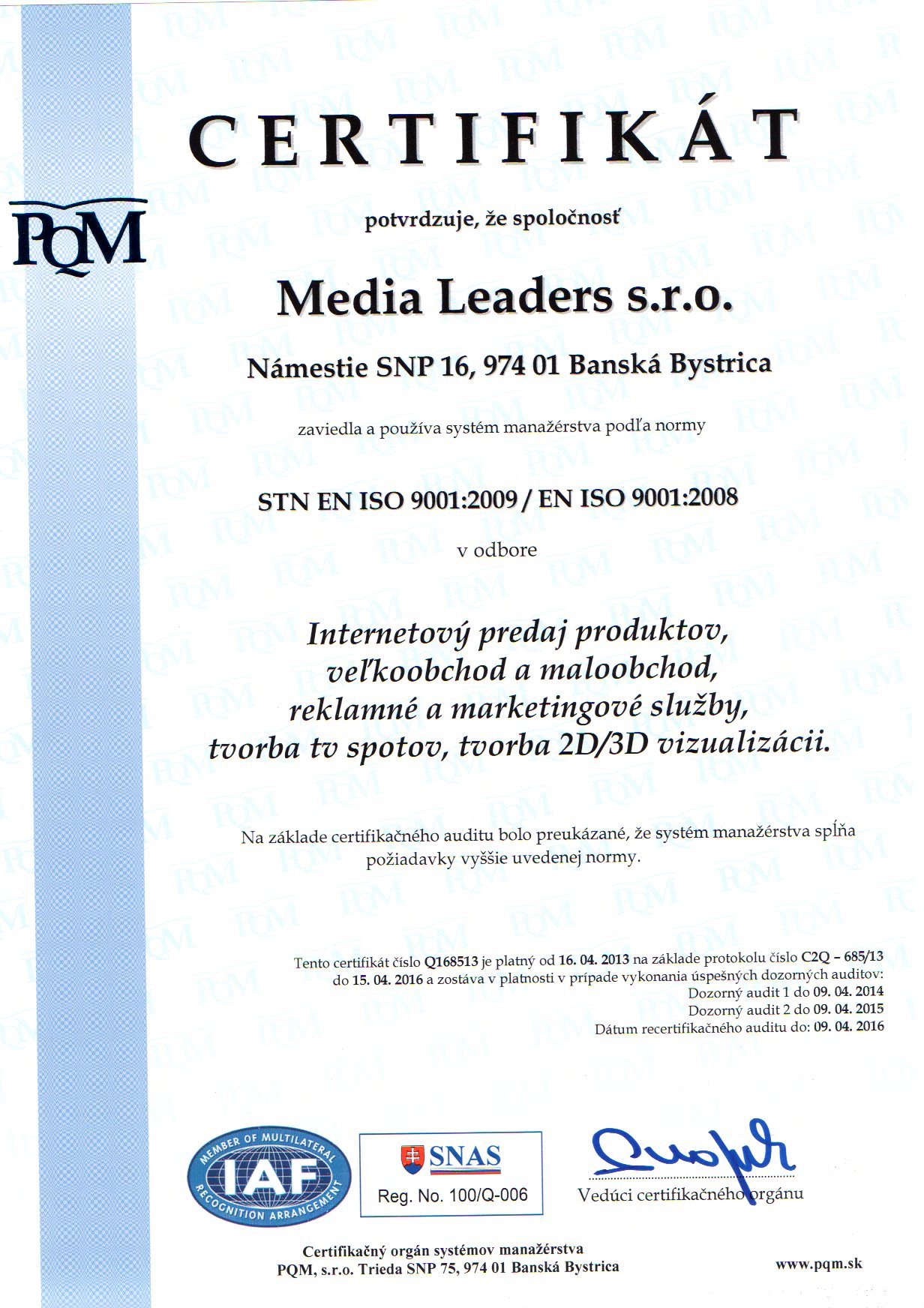 certifikat kvality iso media leaders